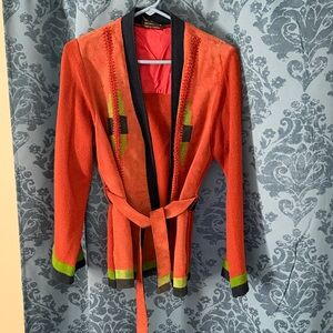 Western cowsplit leather& Knit Cardigan with Belt